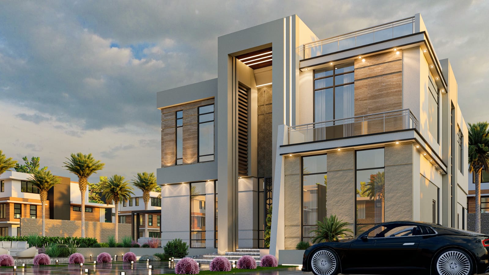 3D architectural render of a contemporary private villa, Al Rahba.