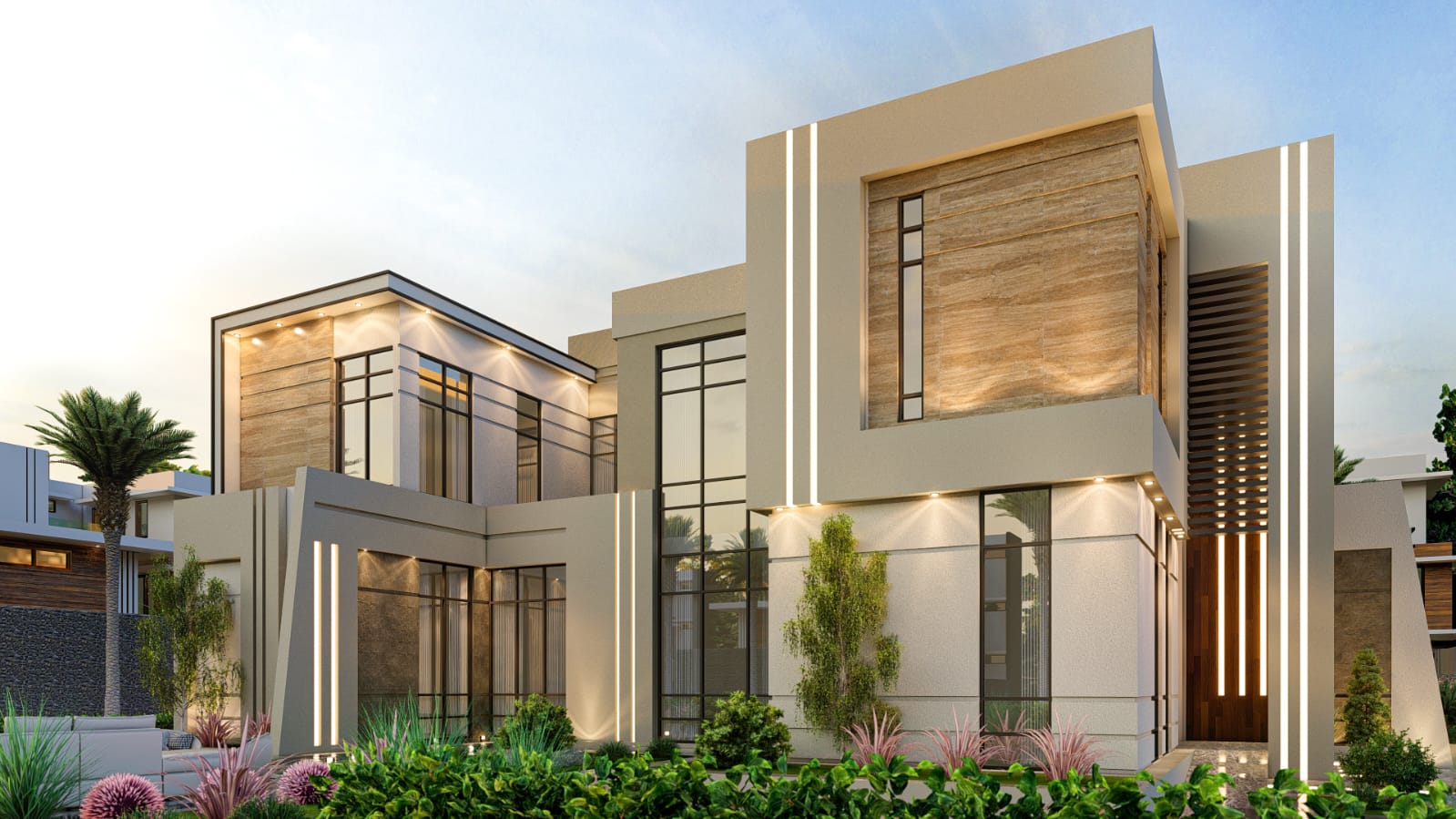 3D render of a contemporary villa front entrance with landscaped garden, Al Rahba