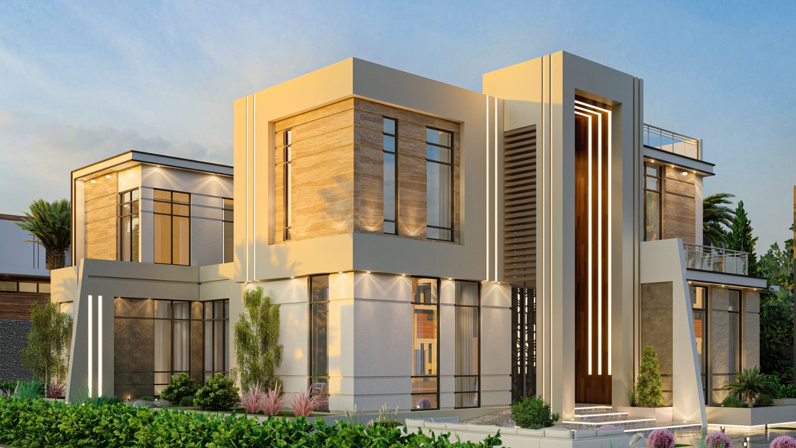 3D render of a warmly-lit contemporary villa facade at dusk, Al Rahba
