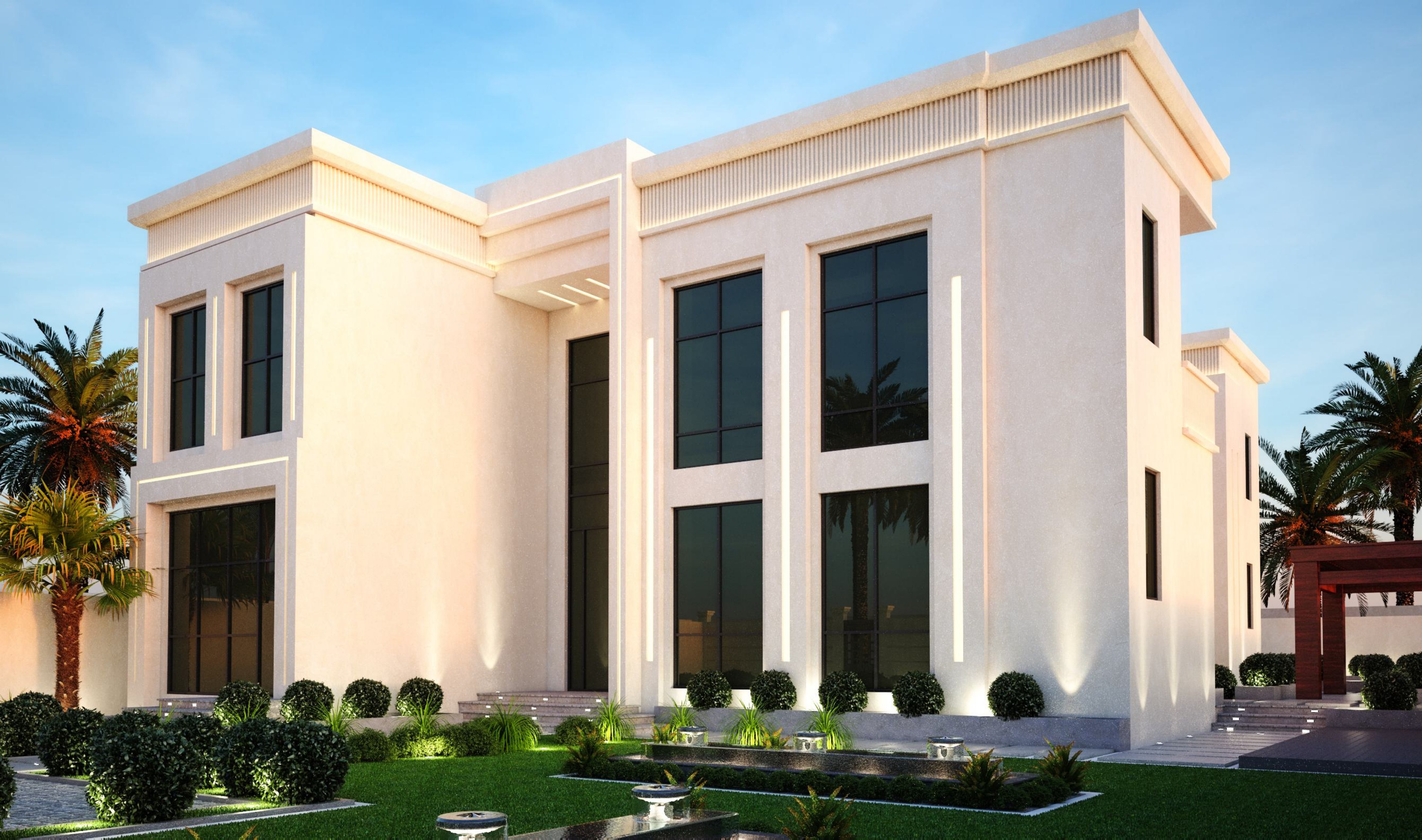3D render of a villa corner with double-height glazing, Shamkha South
